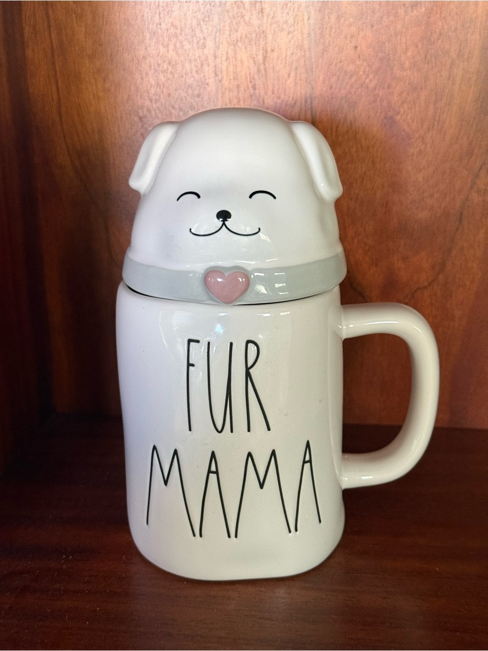 Rae Dunn White Ceramic ‘Fur Mama’ Dog Puppy Coffee Mug with Pink Heart Lid NWOT